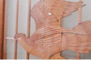 アンティーク建具　両面ガラス　鷹・松の彫刻入り書院戸4枚セット(窓、引き戸、ガラス戸)(R-070997)