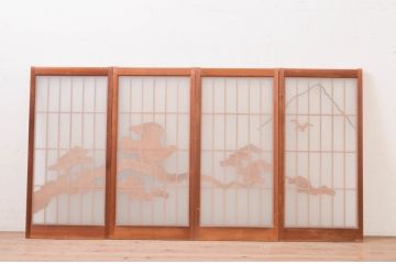 アンティーク建具　両面ガラス　鷹・松の彫刻入り書院戸4枚セット(窓、引き戸、ガラス戸)(R-070997)