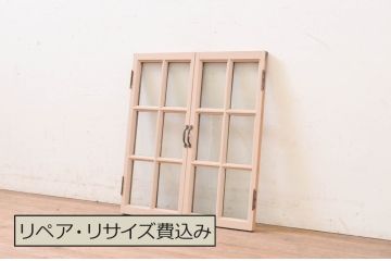 アンティーク建具　ペイント仕上げ限定　タモ材　レトロな空間づくりにおすすめの両開き窓1対2枚セット(ガラス窓、ガラス戸、ガラス扉)(R-070998)