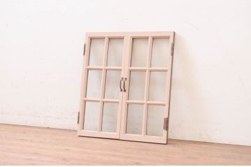 アンティーク建具　ペイント仕上げ限定　タモ材　レトロな空間づくりにおすすめの両開き窓1対2枚セット(ガラス窓、ガラス戸、ガラス扉)(R-071000)