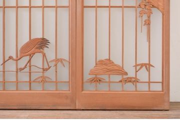 アンティーク建具　片面ガラス　鶴・松の彫刻入り書院ガラス戸4枚セット(書院戸、窓、引き戸)(R-071001)