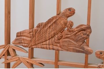 アンティーク建具　片面ガラス　鶴・松の彫刻入り書院ガラス戸4枚セット(書院戸、窓、引き戸)(R-071001)