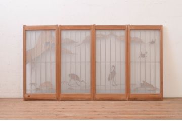 アンティーク建具　片面ガラス　鶴・松の彫刻入り書院ガラス戸4枚セット(書院戸、窓、引き戸)(R-071001)