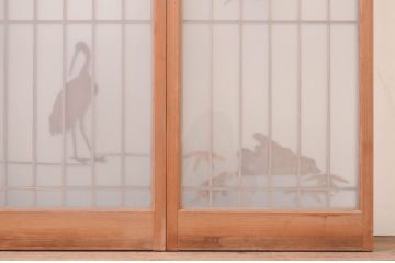 アンティーク建具　片面ガラス　鶴・松の彫刻入り書院ガラス戸4枚セット(書院戸、窓、引き戸)(R-071001)