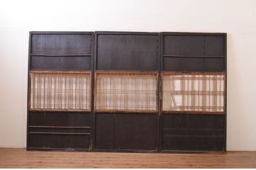 アンティーク建具　和モダンな空間作りにおすすめな横桟入り障子帯戸3枚セット(引き戸、障子戸、板戸、舞良戸)(R-071008)