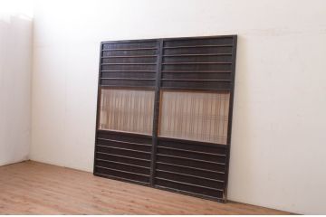 アンティーク建具　和モダンな空間作りにおすすめな横桟入りガラス帯戸2枚セット(引き戸、ガラス戸、板戸、舞良戸)(R-071009)