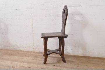 中古　美品　軽井沢彫り　シックな色合いと華やかな桜の彫刻が美しいチェア2脚セット(板座チェア、ダイニングチェア、イス、椅子、バラ売り可能)(R-071062)