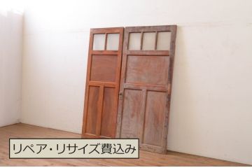 アンティーク建具　大正ロマン 鏡板　欅(ケヤキ)材　古い洋館の親子ドア1対2枚セット (両開きドア、木製扉、玄関ドア)(R-071105)