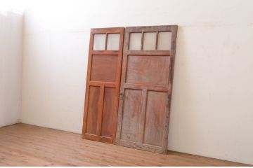 アンティーク建具　大正ロマン 鏡板　欅(ケヤキ)材　古い洋館の親子ドア1対2枚セット (両開きドア、木製扉、玄関ドア)(R-071105)