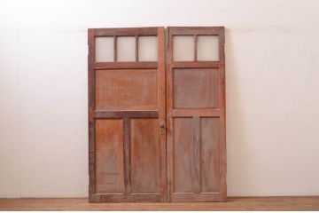 アンティーク建具　大正ロマン 鏡板　欅(ケヤキ)材　古い洋館の親子ドア1対2枚セット (両開きドア、木製扉、玄関ドア)(R-071105)