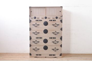 和製アンティーク　特注!!　上手物!!　桐紋金具　上品な佇まいと金具の立派な三段重ね総桐二本松箪笥(重ね箪笥、収納箪笥、衣装箪笥、和タンス、総桐たんす、総桐箪笥、時代箪笥、引き出し)(R-071144)
