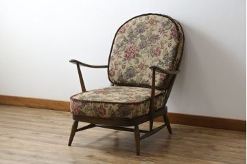 イギリスビンテージ　美品　ERCOL(アーコール)　落ち着いた色味の花柄ファブリックが上品な1人掛けソファ(ラウンジチェア、アームチェア、椅子、1シーターソファ、英国、北欧、ヴィンテージ)(R-071185)