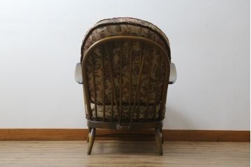 イギリスビンテージ　美品　ERCOL(アーコール)　落ち着いた色味の花柄ファブリックが上品な1人掛けソファ(ラウンジチェア、アームチェア、椅子、1シーターソファ、英国、北欧、ヴィンテージ)(R-071185)