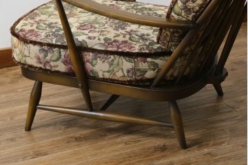 イギリスビンテージ　美品　ERCOL(アーコール)　落ち着いた色味の花柄ファブリックが上品な1人掛けソファ(ラウンジチェア、アームチェア、椅子、1シーターソファ、英国、北欧、ヴィンテージ)(R-071185)
