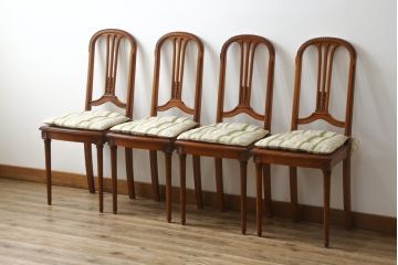 中古　美品　サァラ麻布　笠木の彫りやラタン編みの座面など凝ったデザインが魅力的なダイニングチェア4脚セット(椅子、バラ売り可能)(4脚定価 約80万円)(R-071211)