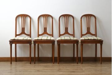 中古　美品　サァラ麻布　笠木の彫りやラタン編みの座面など凝ったデザインが魅力的なダイニングチェア4脚セット(椅子、バラ売り可能)(4脚定価 約80万円)(R-071211)