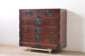 中古　岩谷堂箪笥　菊幸　力強い杢目と重厚感ある金具が魅力の和箪笥(整理箪笥、衣装タンス、収納たんす、引き出し、サイドボード、サイドチェスト)(R-071305)