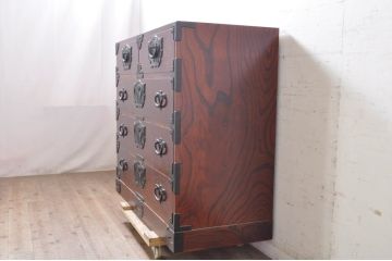 中古　岩谷堂箪笥　菊幸　力強い杢目と重厚感ある金具が魅力の和箪笥(整理箪笥、衣装タンス、収納たんす、引き出し、サイドボード、サイドチェスト)(R-071305)