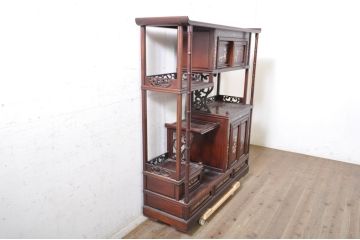和製アンティーク　高級品!!　花梨(カリン)材　螺鈿(ラデン)　象嵌入り　上質な和の空間作りにおすすめの茶棚(収納棚、戸棚、飾り棚、違い棚)(R-071319)