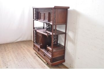和製ビンテージ　黒い杢目が珍しい総紫檀(シタン)材の飾り棚(茶棚、違い棚、戸棚、収納棚)(R-071320)