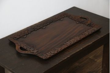 中古　軽井沢彫り　桜の彫りが優美なトレー(お盆)(R-071400)