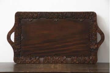 中古　軽井沢彫り　桜の彫りが優美なトレー(お盆)(R-071400)