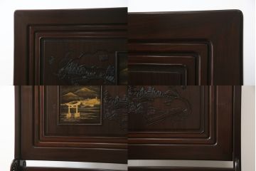 中古　超美品!!　最高級　伝統工芸品　大阪唐木指物　好斉作　蒔絵入り　漆塗り　中澤唐木　紫檀(シタン)材　和の空間を引き立てる輪島塗りの衝立て(仕切り、パーテーション、つい立て、衝い立て)(定価約200万円)(R-071411)