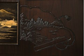中古　超美品!!　最高級　伝統工芸品　大阪唐木指物　好斉作　蒔絵入り　漆塗り　中澤唐木　紫檀(シタン)材　和の空間を引き立てる輪島塗りの衝立て(仕切り、パーテーション、つい立て、衝い立て)(定価約200万円)(R-071411)