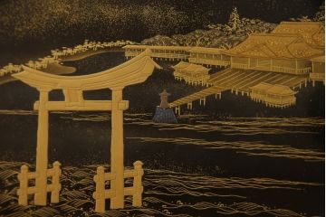 中古　超美品!!　最高級　伝統工芸品　大阪唐木指物　好斉作　蒔絵入り　漆塗り　中澤唐木　紫檀(シタン)材　和の空間を引き立てる輪島塗りの衝立て(仕切り、パーテーション、つい立て、衝い立て)(定価約200万円)(R-071411)