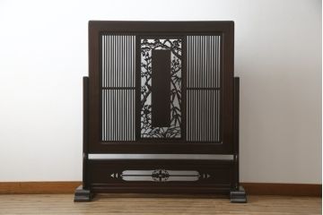 中古　超美品!!　最高級　伝統工芸品　大阪唐木指物　好斉作　蒔絵入り　漆塗り　中澤唐木　紫檀(シタン)材　和の空間を引き立てる輪島塗りの衝立て(仕切り、パーテーション、つい立て、衝い立て)(定価約200万円)(R-071411)