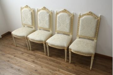 中古　イタリア高級家具　Mario Colciago&Figli(マリオ・コルチャゴ)　ロココ調　華やかな白が眩しいエレガントな雰囲気漂うチェア4脚セット(ダイニングチェア、サロンチェア、椅子、イス)(定価4脚で約95万円)(R-071412)