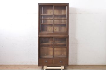 和製アンティーク　上手物!!　タモ材　格納式作業台付き　懐かしい雰囲気が魅力的な作りの良い収納棚(食器棚、戸棚、本棚、キャビネット、カップボード)(R-071445)