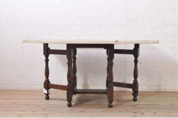 中古　松本民芸家具　M型バタフライ卓(角)　シックな色合いと凝った脚のデザインが魅力的なバタフライテーブル(エクステンションテーブル、ダイニングテーブル、4人掛け、2人掛け、4P、2P)(定価約26万円)(R-071454)