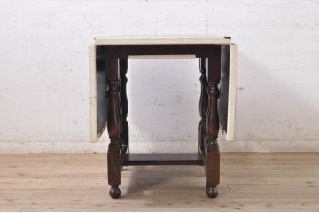 中古　松本民芸家具　M型バタフライ卓(角)　シックな色合いと凝った脚のデザインが魅力的なバタフライテーブル(エクステンションテーブル、ダイニングテーブル、4人掛け、2人掛け、4P、2P)(定価約26万円)(R-071454)