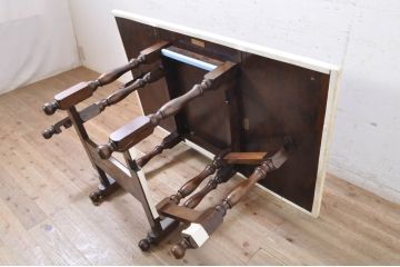 中古　松本民芸家具　M型バタフライ卓(角)　シックな色合いと凝った脚のデザインが魅力的なバタフライテーブル(エクステンションテーブル、ダイニングテーブル、4人掛け、2人掛け、4P、2P)(定価約26万円)(R-071454)