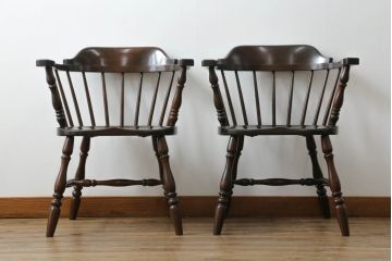 和製ビンテージ　松本民芸家具　#91型　落ち着きのある大人カフェ風インテリアが叶うキャプテンチェア2脚セット(アームチェア、板座チェア、椅子、ダイニングチェア、イス、ヴィンテージ)(定価2脚で約26万円)(R-071464)