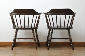 和製ビンテージ　松本民芸家具　#91型　落ち着きのある大人カフェ風インテリアが叶うキャプテンチェア2脚セット(アームチェア、板座チェア、椅子、ダイニングチェア、イス、ヴィンテージ)(定価2脚で約26万円)(R-071464)
