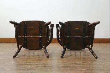 和製ビンテージ　松本民芸家具　#91型　落ち着きのある大人カフェ風インテリアが叶うキャプテンチェア2脚セット(アームチェア、板座チェア、椅子、ダイニングチェア、イス、ヴィンテージ)(定価2脚で約26万円)(R-071464)