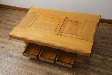 中古　美品　総欅(ケヤキ)材　明るい木の色味がお部屋を華やかに彩る囲炉裏テーブル(火鉢、木製火鉢、長火鉢、座卓、ローテーブル)(R-071475)