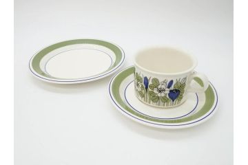 1978年〜1979年　ARABIA FINLAND　Krokus(クロッカス)　大胆に描かれた花たちと青と緑の色合いが存在感を放つトリオセット(ヴィンテージ、ビンテージ、アラビア、フィンランド、北欧食器、カップ、ソーサー、C&S、プレート、皿、グリーン・ブルーライン)(R-071488)