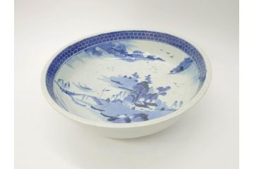 江戸後期　古伊万里　山水の図　約31cm　1尺　落ち着いた風景の染付に癒される大鉢(一尺、深皿、和食器)(R-071489)