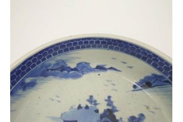 江戸後期　古伊万里　山水の図　約31cm　1尺　落ち着いた風景の染付に癒される大鉢(一尺、深皿、和食器)(R-071489)