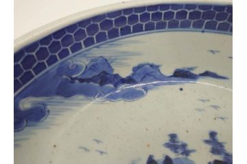 江戸後期　古伊万里　山水の図　約31cm　1尺　落ち着いた風景の染付に癒される大鉢(一尺、深皿、和食器)(R-071489)