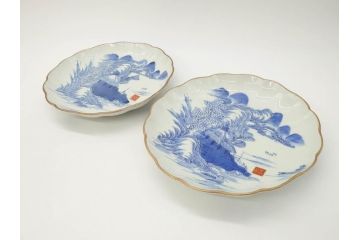 上手物　江戸後期　染付　山水図　約22cm　7寸　金の縁がアクセントになる上品な雰囲気溢れる中皿2枚セット(和皿、和食器、七寸)(R-071490)