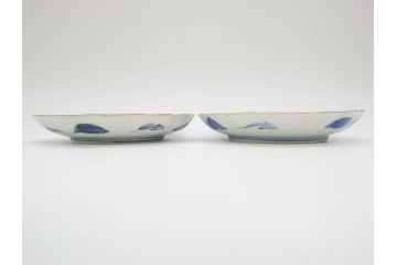 上手物　江戸後期　染付　山水図　約22cm　7寸　金の縁がアクセントになる上品な雰囲気溢れる中皿2枚セット(和皿、和食器、七寸)(R-071490)