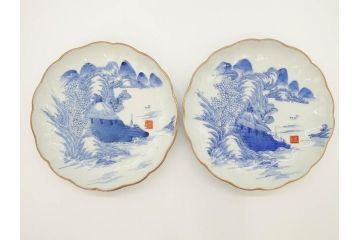 上手物　江戸後期　染付　山水図　約22cm　7寸　金の縁がアクセントになる上品な雰囲気溢れる中皿2枚セット(和皿、和食器、七寸)(R-071490)