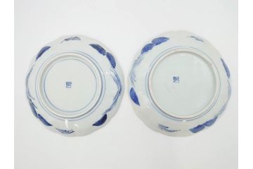上手物　江戸後期　染付　山水図　約22cm　7寸　金の縁がアクセントになる上品な雰囲気溢れる中皿2枚セット(和皿、和食器、七寸)(R-071490)