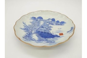 上手物　江戸後期　染付　山水図　約22cm　7寸　金の縁がアクセントになる上品な雰囲気溢れる中皿2枚セット(和皿、和食器、七寸)(R-071490)