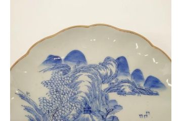 上手物　江戸後期　染付　山水図　約22cm　7寸　金の縁がアクセントになる上品な雰囲気溢れる中皿2枚セット(和皿、和食器、七寸)(R-071490)