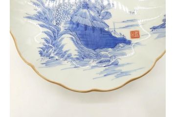 上手物　江戸後期　染付　山水図　約22cm　7寸　金の縁がアクセントになる上品な雰囲気溢れる中皿2枚セット(和皿、和食器、七寸)(R-071490)